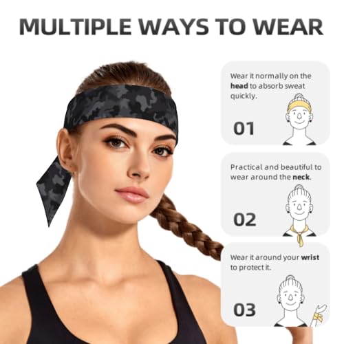 Sports Tie Headband Bandana Running Athletic Sweat Band Elastic Adjustable Sport Head Tie for Men Women Head Ties Ninja Tie Headbands Tennis Sweatbands Soccer Basketball Teams Running Head Band - color: Black camo