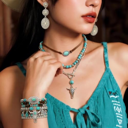 3 Pcs Layered Western Jewelry Set for Women Boho Turquoise Beaded OX-Head Necklaces Western Cactus Cowboy Chic Earrings Rustic Cowgirl Stack Bracelets Country Concert Outfits Accessory - color: Silver Concho OX-Head