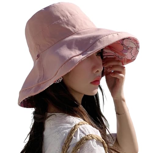 HUAMULAN Women Summer Sun Hat Wide Brim Wired Edge Floral Beach Bucket Hats Reversible Foldable Travel UV Protection Lady Hat - color: M1744-pink