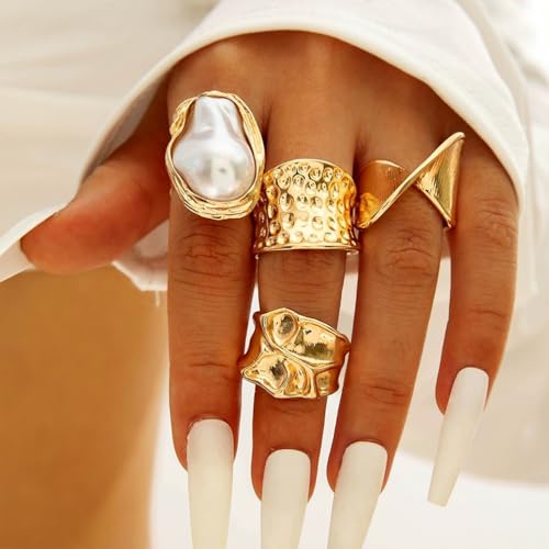 Chunky Gold Irregular Rings Stack Set for Women Statement Baroque Pearl Flower Stackable Knuckle Finger Ring Non Tarnish Boho Hammered Jewelry Gifts - color: Gold