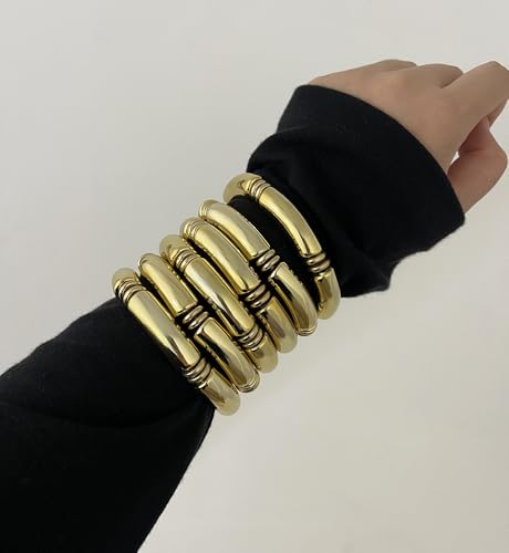 iF YOU 6pcs Chunky Acrylic Bangle Bracelets for Women, Resin Bamboo Brown Stretchy Bracelet Stack, Fashion Jewelry for Women - color: 6 Gold chunky acrylic bracelets