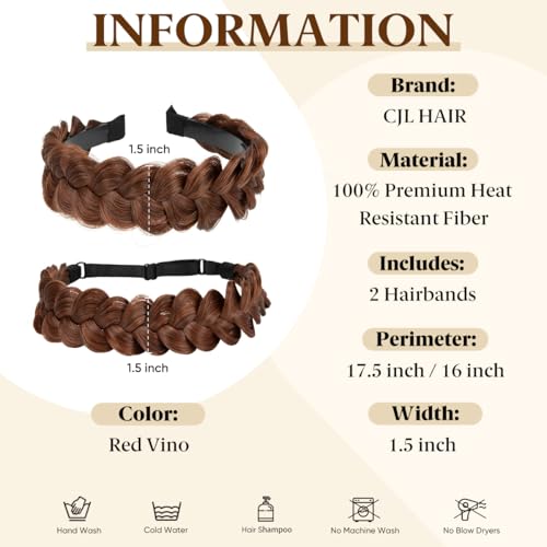 CJL HAIR 2PCs Braided Headbands Hair Piece for Women Synthetic Hair Hoops Head Bands Handmade Braid Hairband Accessories Elastic Stretch Headwrap Red Vino - color: 2PCS-Red Vino