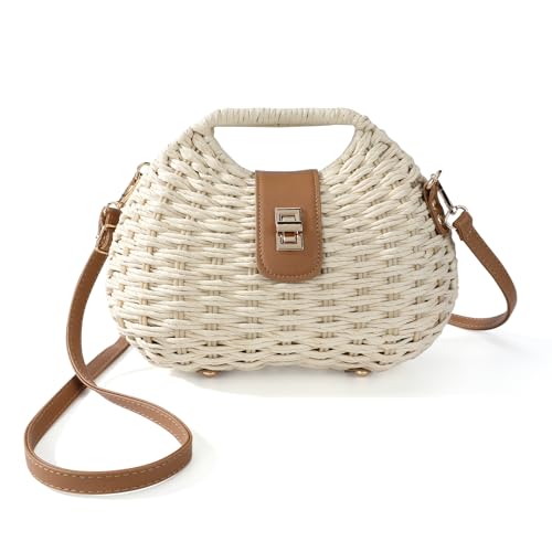 Richeart Clutch Purses for Women - Summer Beach Crossbody Bag with Adjustable Strap - Boho Shoulder Handwoven Straw Purse - color: Beige