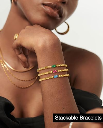 FUNEIA Birthstone Gold Beaded Bracelets for Women Non Tarnish Trendy Dainty 14K Gold Plated Cute Stackable Bead Stretch Friendship Bracelet Stack for Best Friend Couples Birthday Gifts Jewelry - color: 02. February(Amethyst Bracelet), size: 7.5 Inches