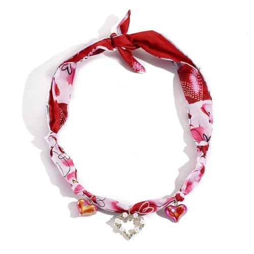 Scarf Long Fabric Colorful Silk Scarves Multi Pendant Necklace For Women Statement Boho Choker Twisted Ribbon Band Pearl Accent Heart Maple Leaf Bee Daisy Dragonfly Star Green Gem Charms - color: Red Heart