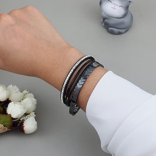 FANCY SHINY Hematite Leather Wrap Bracelets Beaded Healing Stone Cuff Bracelet Rhinestone Boho Jewelry Gift for Women with Clasp - color: Black