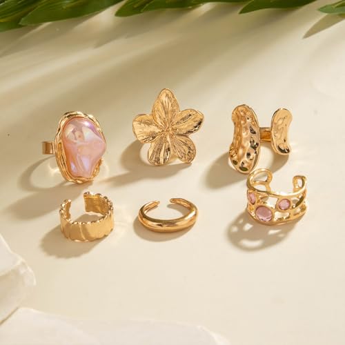 6Pcs Gold Flower Crystal Chunky Knuckle Rings Stacked for Women, Statement Stack Zirconia Hammered Geometry Irregular Baroque Pearl Open Ring Jewelry Gift - color: Light Red
