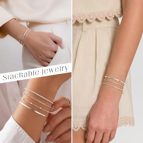 DEARMAY Sterling Silver Plated Bracelets Set for Women Waterproof, Non Tarnish Sterling Silver Link Chain Bracelets Pack Dainty, Fashion Jewelry Gifts for Everyday Comfortable - color: 6Pcs Silver Bracelet A