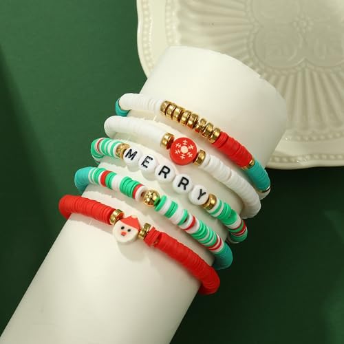 Elegance 11 designs Heishi Beaded Bracelets For Women Polymer Clay Colorful Surfer Stackable Beads Boho Bracelet Summer Beach Jewelry - color: Snowman
