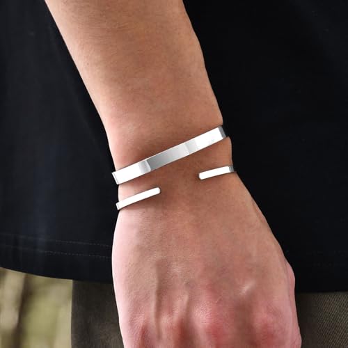 MEALGUET Stainless Steel Mens Cuff Bracelet : Minimal Cool Silver/Black/Gold Plated Open Metal Cuff Bangle Bracelets for Men,Mens Bracelet Jewelry Gift - color: Silver-2-Pack, size: Medium( fit 5.5"-7.2" wrist)