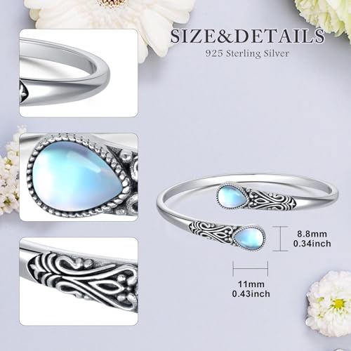 925 Sterling Silver Genuine Gemstone Bracelet for Women Men Handmade Adjustable Boho Navajo Style Bangle Cuff Natural Stone Jewelry Gift - color: Moonstone