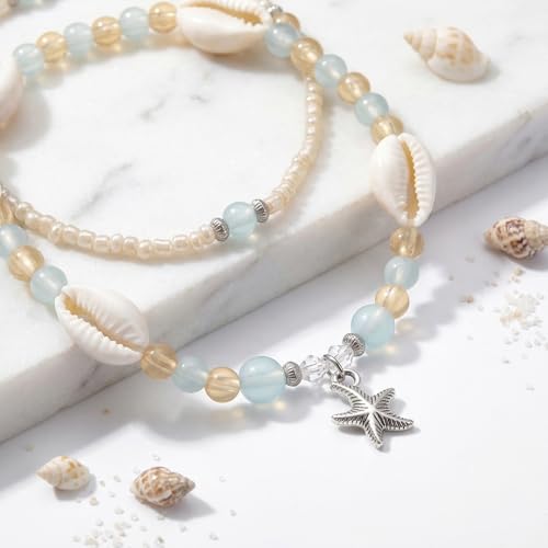 Boho Beads Beach Layered Anklet Set for Women, Handmade Gold Starfish Pearl Shell Anklets Summer Ocean Accessories Jewelry Gift - color: Bead Starfish