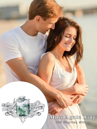 Natural Moss Agate Ring for Women 925 Sterling Silver Pear/Oval/Kite/Heart/Hexagon/Emerald/Coffin Cut Green Leaf Moss Agate Engagement Ring Promise Bridal Set Anniversary Birthday Jewelry Gifts - color: Emerald Cut Moss Agate
