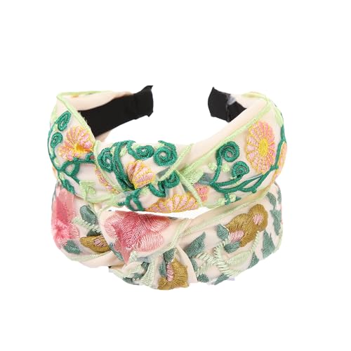 TURTLEDOVE 2 PCS Celtic Flowers Embroidered Headbands, White with Multicolor Flowers, Knotted Design, Wide Fashion Hair Accessory (Green) - color: Green