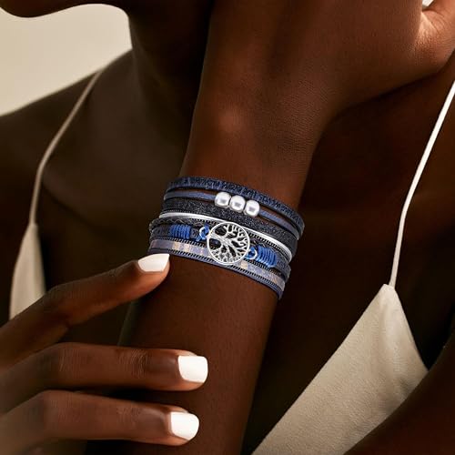 Long tiantian Leather Bracelets for Women Men Heart Wrap Bracelets Western Jewelry Cowgirl Outfits Birthday Gifts for Her - color: D4:blue leather bracelet