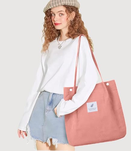 Corduroy Tote Bag for Women Small Canvas Shoulder Purse Cord Handy Bag with Inner Pocket | with Front Pocket - color: 02 Hot Pink