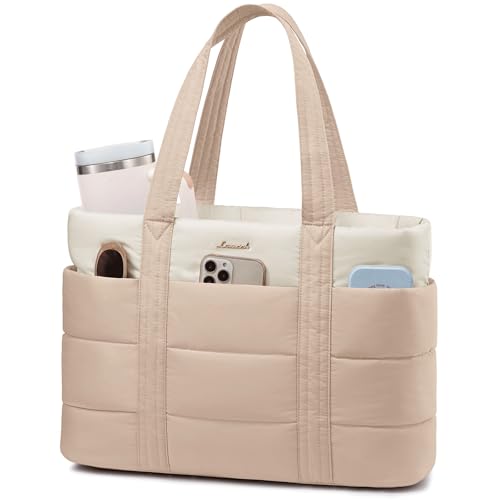 LOVEVOOK Tote Bag for Women, Large Puffer Work Tote Laptop Bag, Lightweight Travel Tote Bag with Zipper Gifts for Women - color: Apricot-beige-a, size: 15.6 Inch