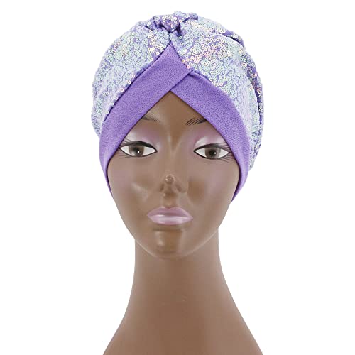 Erinaco Women Sparkle Sequin African Turban Bow Knot Pre-Tied Cap Pleated Ruffle Bonnet Beanie Hat Headwrap Skull Caps - color: Sparkle Light Purple