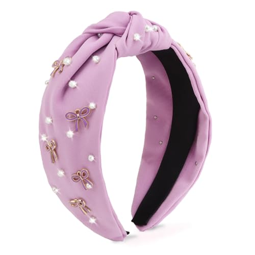 Purple Headband Bow Pearl Knotted Headbands for Women Girls Cute Fashion Wide Headbands for Women Non Slip Hairbands Head Bands for Women's Hair Bow Hair Accessories - color: Purple-01