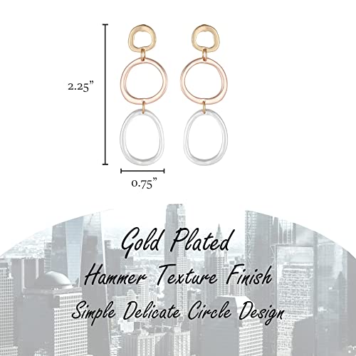Bohemian Boho Round Circle Hoop Dangle Drop Earrings for Women – Delicate – Hammer Texture – Matte Plated – with Gift Box Included - style: MATTE SILVER, GOLD, & ROSE GOLD THREE TONE - THREE CIRCLE DANGLE