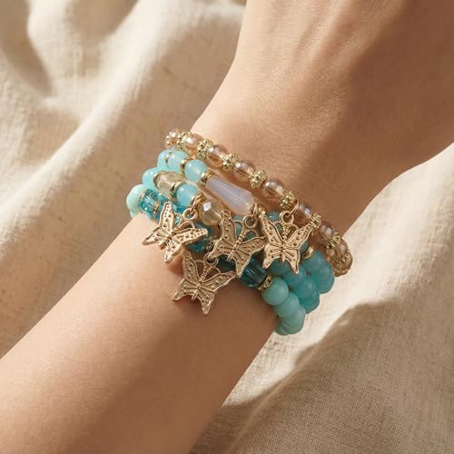 Bohemian Bracelet Sets for Women - 4-Pack Stackable Stretch Bead Bracelets with Black＆White Crystal & Gold Accessories, Multi-Layer Boho Jewelry - color: turquoise butterfly