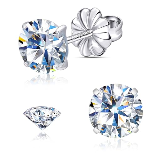 Moissanite Stud Earrings, G23 Hypoallergenic Titanium Stud Earrings for Women Men, Round Cut D Color VVS1 Clarity 18K White Gold Palted Multicolor Moissanite Jewelry, 0.6CT-3.0CT - color: White, size: (1.0ct*2)-6.5mm-2.0 Carat
