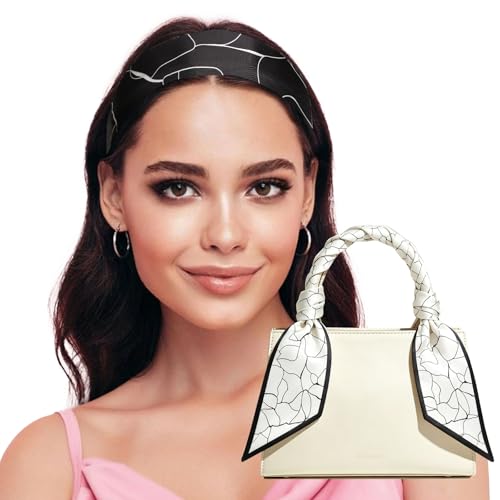 Sumolux Head Hair Scarf for Women Neck Purse Bag Handbags Scarf Like Silk - color: Black White Curves