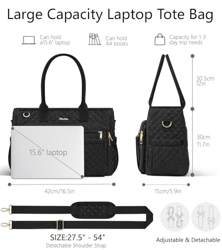 Bagstellar Teacher Bags for Women, 15.6 inch Laptop Work Tote Bag Quilted Nurse Bible Computer Shoulder Bag for School Travel | Dream Tote Work Bag - color: Black