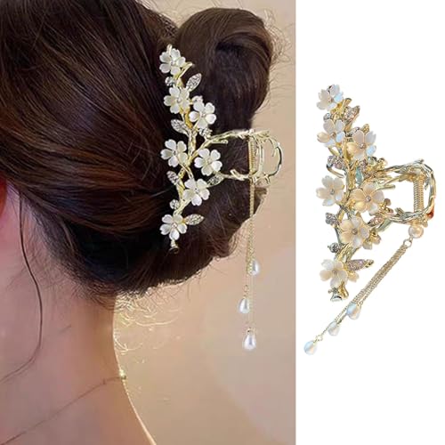 Jasmine Flower Claw Clips for Women Metal Non-Slip Claw Clip With Rhinestones Pearl Tassel Design Floral Hair Clips Cute Claw Clips for Thick Hair Claw Clips Flower for Women