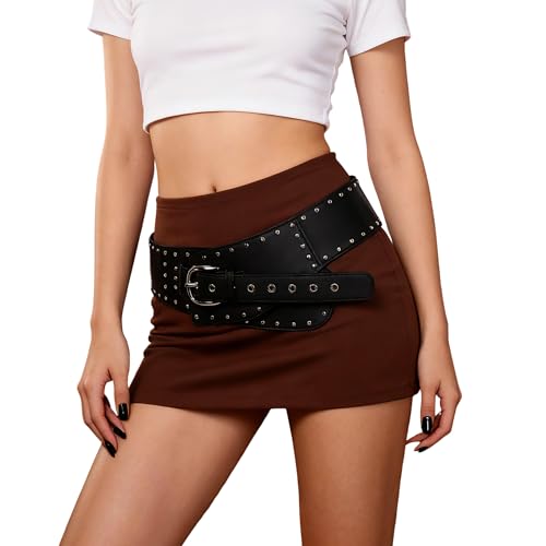 MILAKOO Vintage Punk Leather Waist Belt for Women 80s Goth Costume Cinch Belts Ladies Western Belt for Jean - color: E1: Black