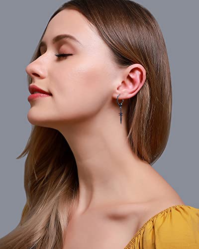 Sword Drop Dangle Small Hoop Earrings for Women Men Stainless Steel Engrave Dagger Halloween Statement Charms Drop Dangling Hoops Cuff Cartilage Wrap Vintage Punk Pray Jewelry - color: Black