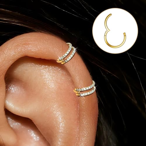 Small Cartilage Double/Triple-Hoop Helix Conch Piercing Earrings With Cubic Zirconia For Women Trendy 14K Gold Plated Titanium Surgical Stainless Steel Sets Nose Rings Hoops Septum Rings - color: 14K Gold, style: C-4Pairs-16Gauge-Double CZ hoop