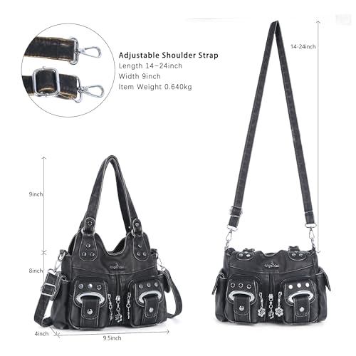 Angel Kiss Small Hobo Purses for Women, Washed Vegan Leather Multi-Pocket Purse, Shoulder Handbag with Adjustable Strap - color: Retro Black