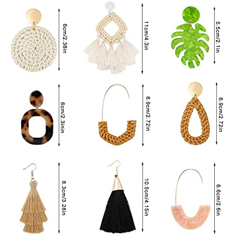9 Pairs-26 Pairs Rattan Earrings for Women Girls Lightweight Acrylic Geometric Statement Woven Earrings Handmade Straw Wicker Braid Hoop Drop Dangle Earrings - color: gray