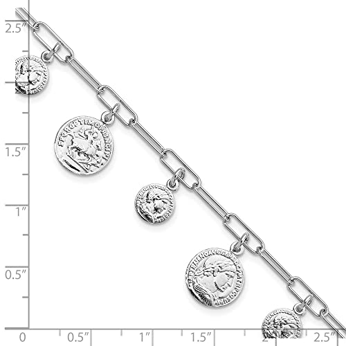 Sterling Silver Rhodium-plated Polished Coin Charm w/ 1in ext. Bracelet 6.75' Gift for Women, AFJ-QG-QG5992-6.75