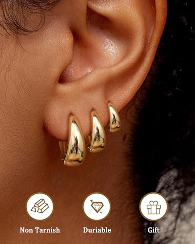 BESTEEL 3Pairs 14K Gold Plated Hoop Earrings Set for Women Chunky Earring Silver Plated Hypoallergenic Small Huggie Hoops Lightweight Tiny Thick Trendy Hoop Earrings Stacks for Multiple Piercing - color: 14k gold plated