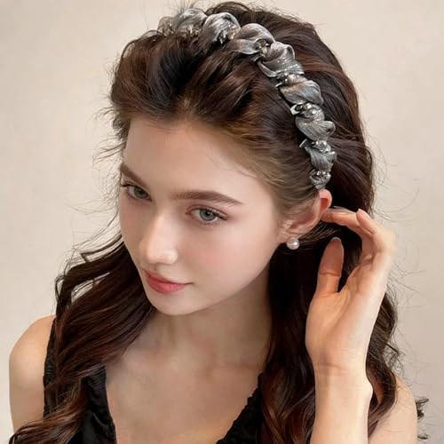 4 Pcs Braided Headbands with Teeth for Women, Handmade Crystal Flower Comb Hairbands, Sparkly Twisted Non-Slip Hard Head Bands, Elegant Silver Black Hair Accessories - color: Silver Black