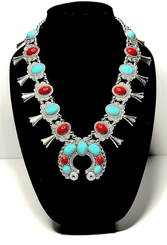 Red and turquoise stone squash blossom flower bib necklace