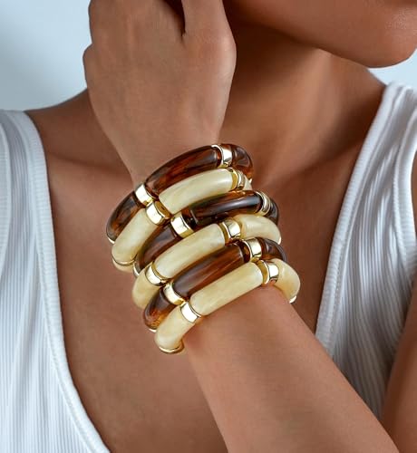 iF YOU 6pcs Chunky Acrylic Bangle Bracelets for Women, Resin Bamboo Brown Stretchy Bracelet Stack, Fashion Jewelry for Women - color: 6pcs-beige & brown bracelets