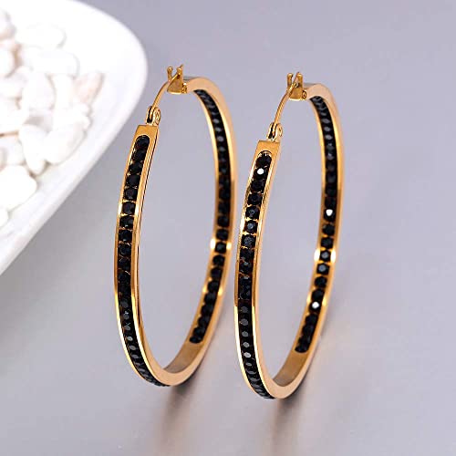 CiNily Mult-colors Crystal Stainless Steel Hoop Earring for Women Hypoallergenic Jewelry for Sensitive Ears Large Big Hoop Earrings 2" - color: Gold+Black