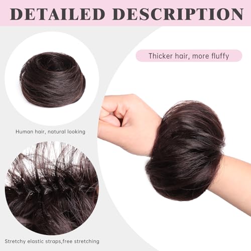 Messy Buns Hair Pieces 100% Human Hair Chignons Scrunchie Elastic Rubber Band Messy Bun Hair Piece Stretchy Fluffy Donut Updo Bun Wig Smooth Hair Bun Extensions for Women Natural Dark Brown - color: Natural Dark Brown