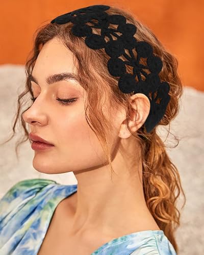 HAIMEIKANG Hippie Hair Bandanas Headbands for Women Boho Headband Knit Hair Bands Floral Head Wrap for Girls(Black + Brown + Gray) - color: Black + Brown + Gray