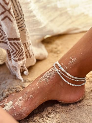 Tewiky Sterling Silver Plated Ankle Bracelets for Women,Dainty Layered Waterproof Anklet for Women Adjustable Sparkly Herringbone Beaded Rope Chain Set Stackable Cute Summer Beach Jewelry Gift - color: silver2