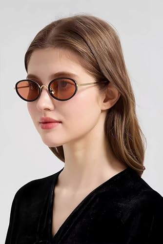 boten Retro Oval Sunglasses for Women 90s Small Gold Frame Sun Glasses Lightweight Cute Chic Sunnies - color: Gold Frame-orange Lens