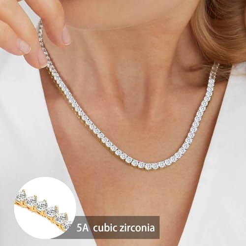 Gemsme 4mm Tennis Necklaces for Women - 3 Prong 18K White Gold Plated Round Cubic Zirconia Classic diamond Tennis Chain, Tennis Necklace for Women and Men, Size 16/18/20/22/24 inch - color: Yellow Gold, size: 18 Inch