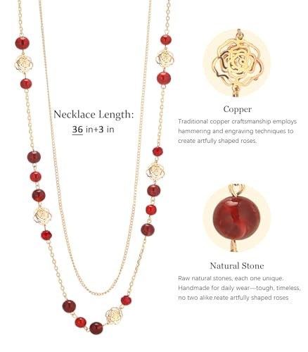FULU AUTUMN Boho Gold Long Necklaces for Women Natural Stone Beaded Layered Long Necklace Mothers Day Gifts Dainty Flower Costume Jewelry for Women - color: Red