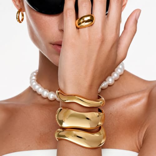 Chunky Gold Bangle Bracelets for Women Trendy 14K Gold Plated Cuff Bracelets Stack, Dainty Gold Bracelet Sets Non Tarnish Fashion Jewelry Gift - style: Gold-3pc-008