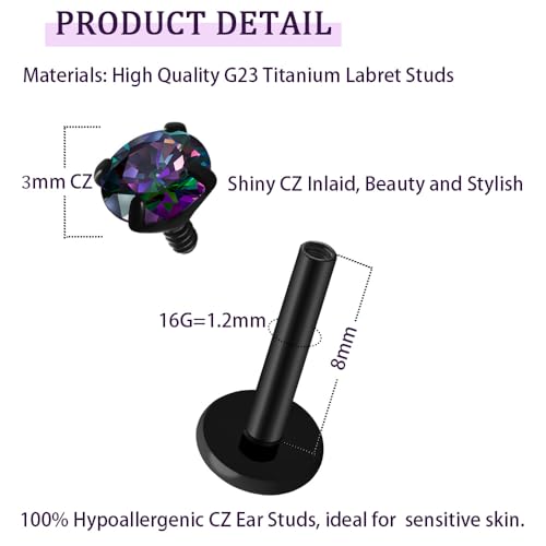 16G 18G Titanium Internal Thread CZ Stud Earrings Flat Back, Silver Black Tragus Helix Conch Cartilage Piercing Jewelry for Women Men 6mm 8mm 10mm Labret Studs 2PCS - color: Black, 16g, 8mm bar, 3mm RQ CZ