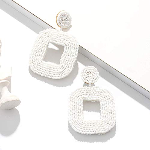 Beaded Drop Earrings Multicolored Seed Bead Earrings for Women Bohemia Statement Square Bead Hoop Dangle Earrings for Wedding Party Vacation - color: E White