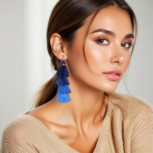 Clip on Earrings, Lightweight Colorful Layered Tassel Bohemian Statement Tiered Big Dangle Drop Earrings for Women, Non Pierced, Boho Jewelry - color: Sky blue